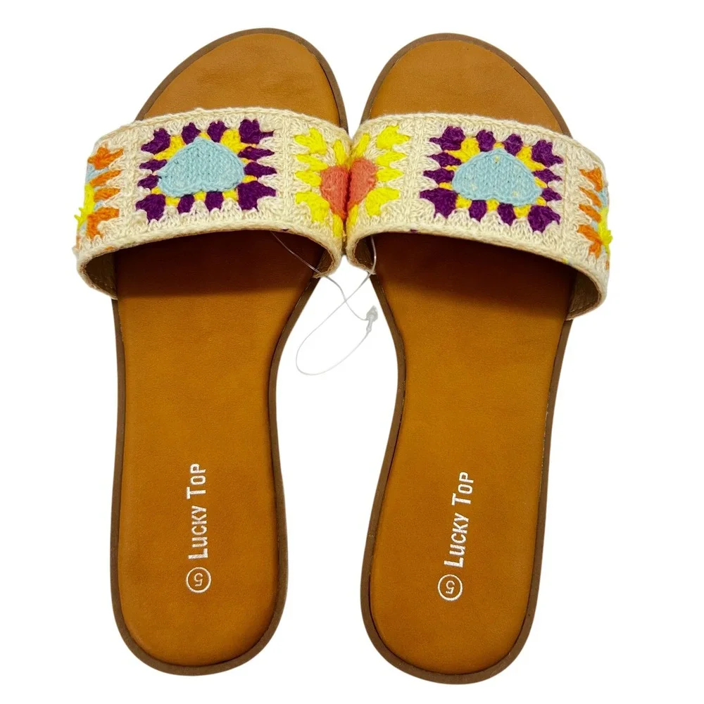 NWOT Lucky Top ONO-1K Girls Slide Sandals 5 Embellished‎ Woven Strap Colorful